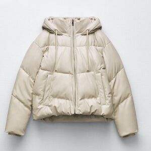 Zara faux leather puffer jacket, beige. Size S